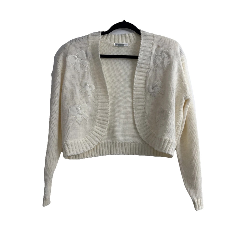 VTG Jamie Scott Ivory‎ Bow's & Sequined Cropped Cardigan Sweater Size L